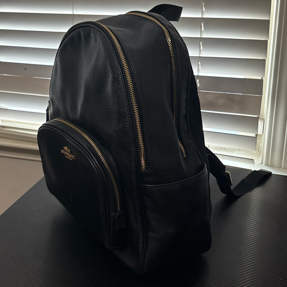 Coach Black Leather Backpack with Gold Zippers